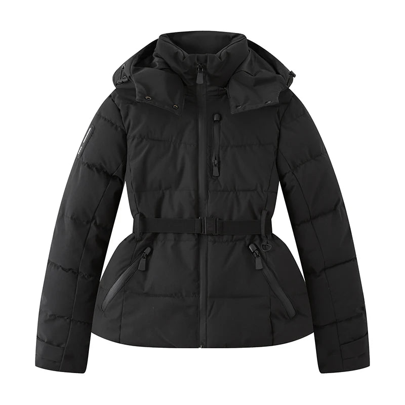 Women's Winter Hooded High Waist Padded Sport Parkas Coats with Belt Female Elegant Thick Warm Pockets Windproof Skiing Jackets - Matrix-studios.com