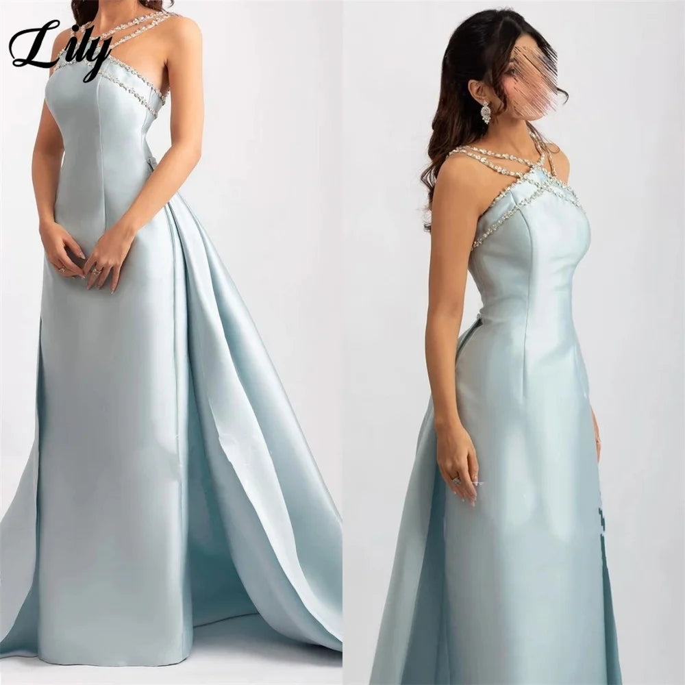 Lily Light Blue Prom Dress Shiny Beading Halter Party Dresses Stain  Sleeveless Celebrity Gowns with Detachable Tail Customized - Matrix-studios.com