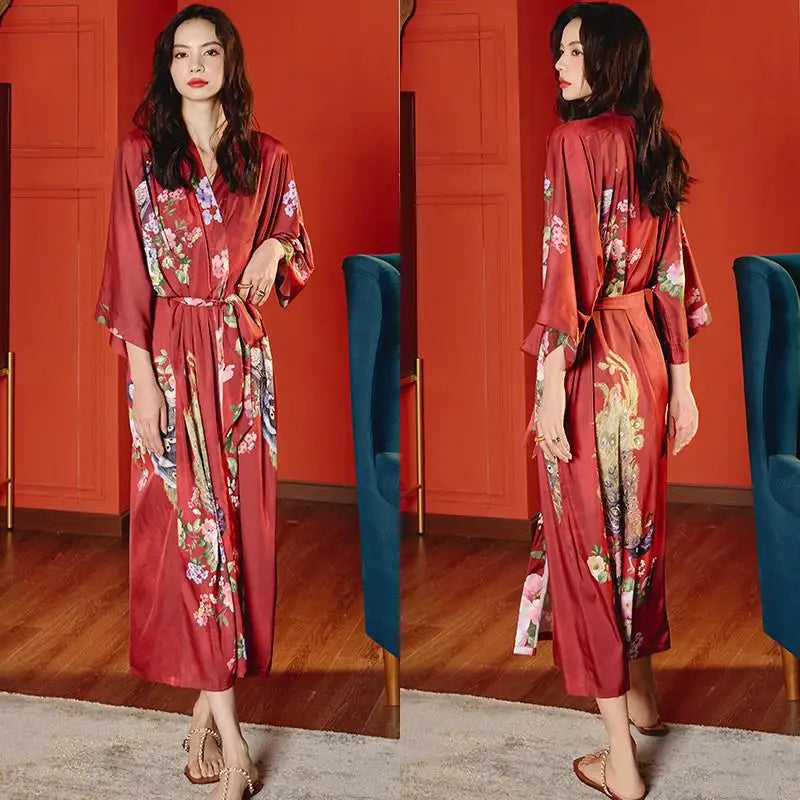 Black Print Flower Long Robe Nightgown Spring Summer Half Sleeve Kimono Bathrobe Gown Women Sexy Rayon Home Dress Loungewear - Matrix-studios.com