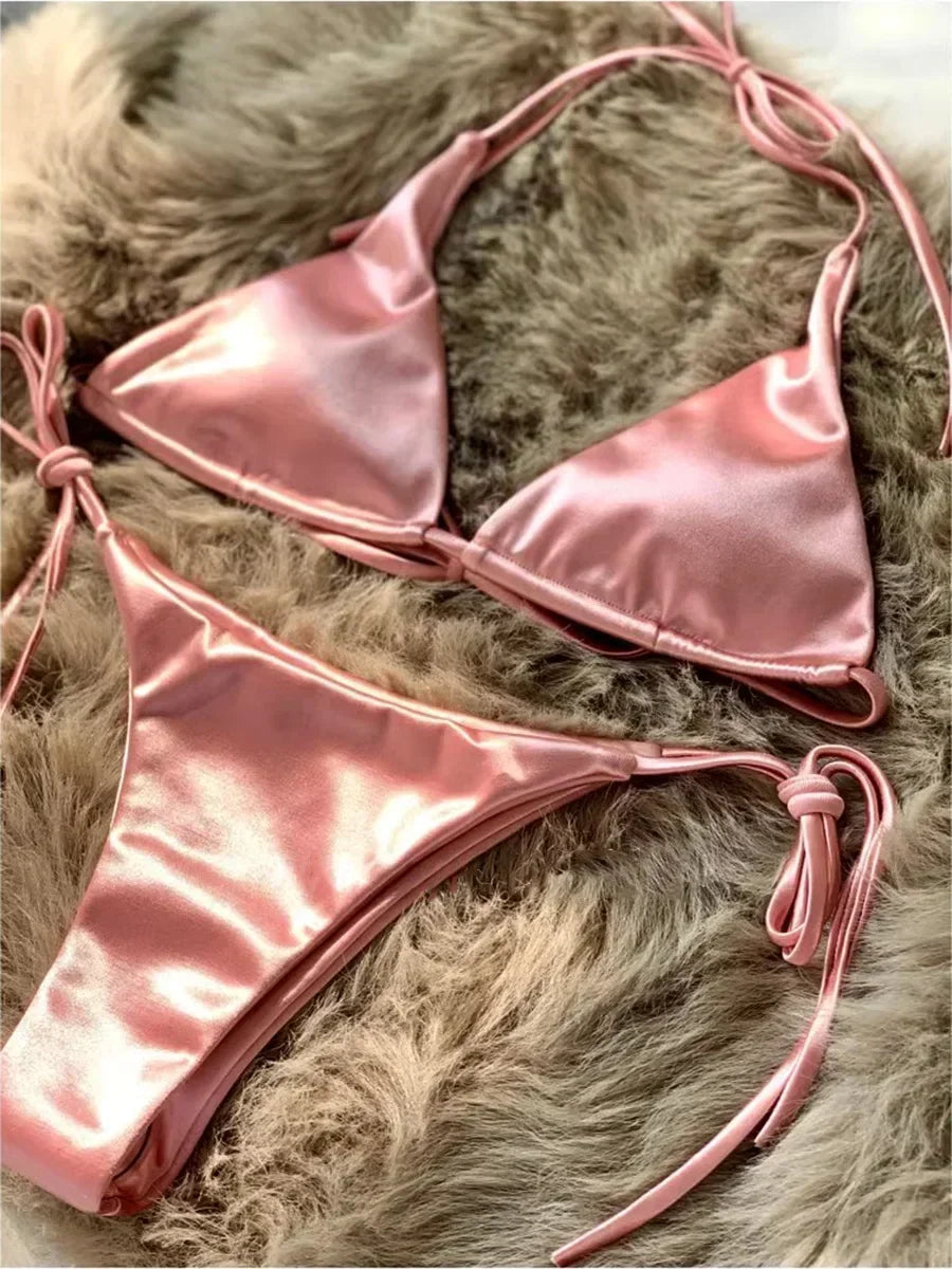 Halter Brazilian Metallic Satin Bikini Women Swimwear Female Swimsuit Two-pieces Bikini Set High Cut Bathing Suit Swim Beachwear - Matrix-studios.com