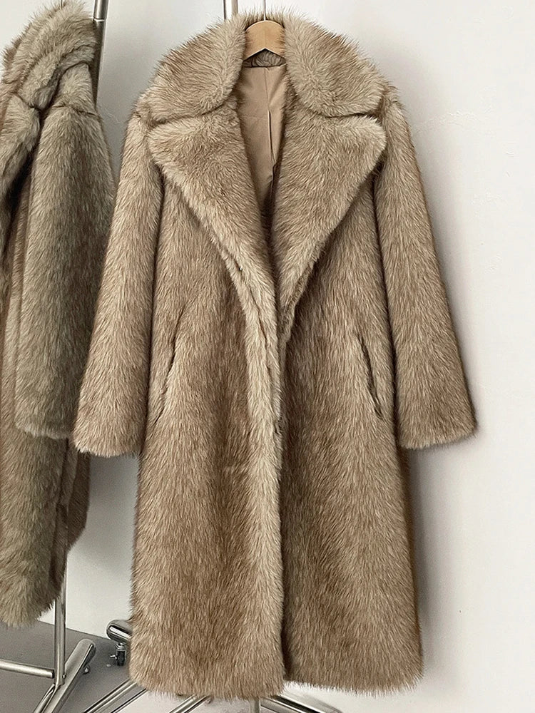 Mueyeruho 2025 Winter Women Faux Fur Jacket Coat Solid Khaki Long Sleeve Thick Warm Overcoat Outwear Fluffy Coat For Women - Matrix Studios