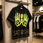 Men Women Summer SATOSHI Tshirts Sky Eye Double Palm Printed Retro Distressed Washed Short Sleeve Tops Casual Streetwear - Matrix-studios.com