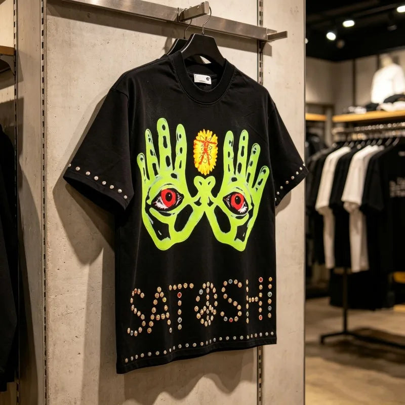 Men Women Summer SATOSHI Tshirts Sky Eye Double Palm Printed Retro Distressed Washed Short Sleeve Tops Casual Streetwear - Matrix-studios.com