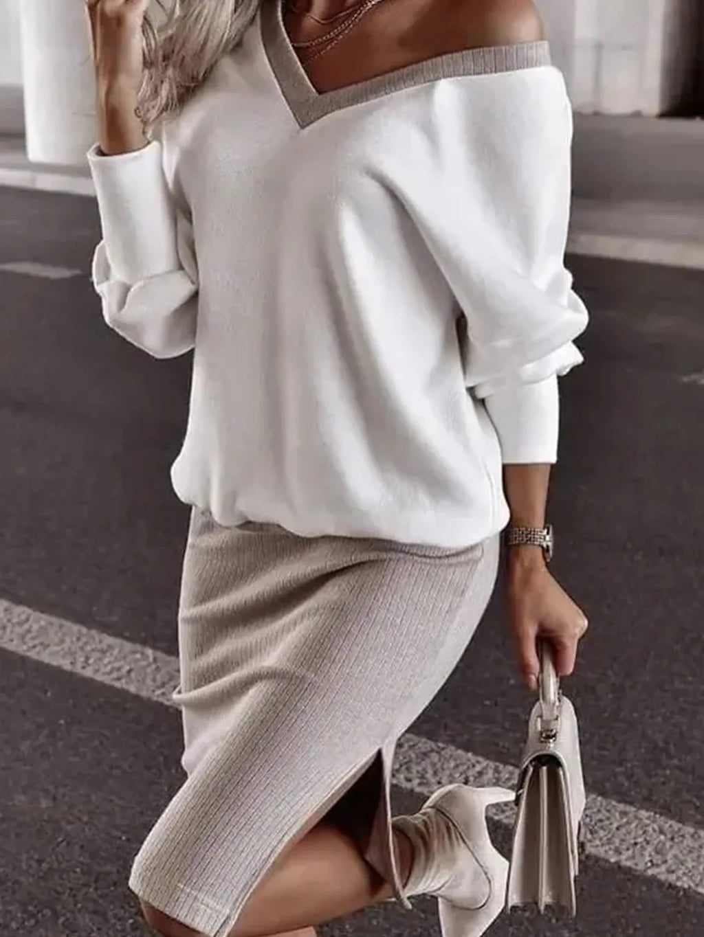 Autumn Winter Casual Loose V-neck Sweatshirt Suit Women's Tight Skirt Long-sleeved Top Two-piece Set New Fashion Holiday Sets - Matrix-studios.com