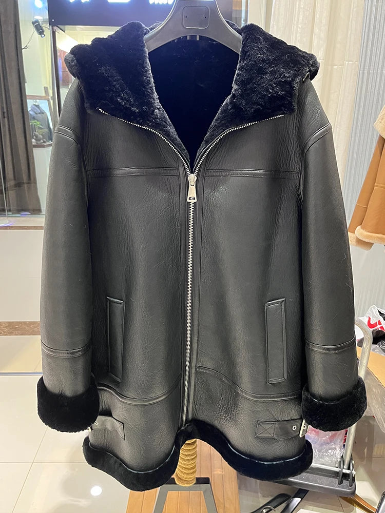 Winter Women Locomotive Suit Real Natural Merino Sheep Fur Coat Hooded Genuine Leather Jacket Thick Warm Luxury Female Coats - Matrix Studios