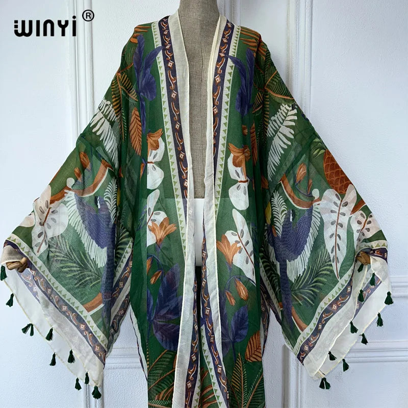 WINYI Summer Outfit Kimono Africa Boho Print Beach Cover Up Muslim Dress Cardigans Beach Wear Women Abaya Dubai Luxury Kaftan - Matrix Studios
