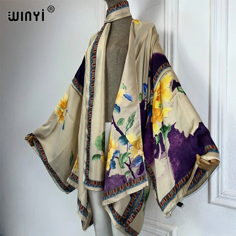WINYI Summer Beach Outfits Women Swim Suit Cover Up Kaftan Boho Cardigan Stitch Self Belt Sexy Holiday Long Sleeve Print Kimono - Matrix Studios
