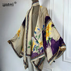 WINYI Summer Beach Outfits Women Swim Suit Cover Up Kaftan Boho Cardigan Stitch Self Belt Sexy Holiday Long Sleeve Print Kimono - Matrix Studios