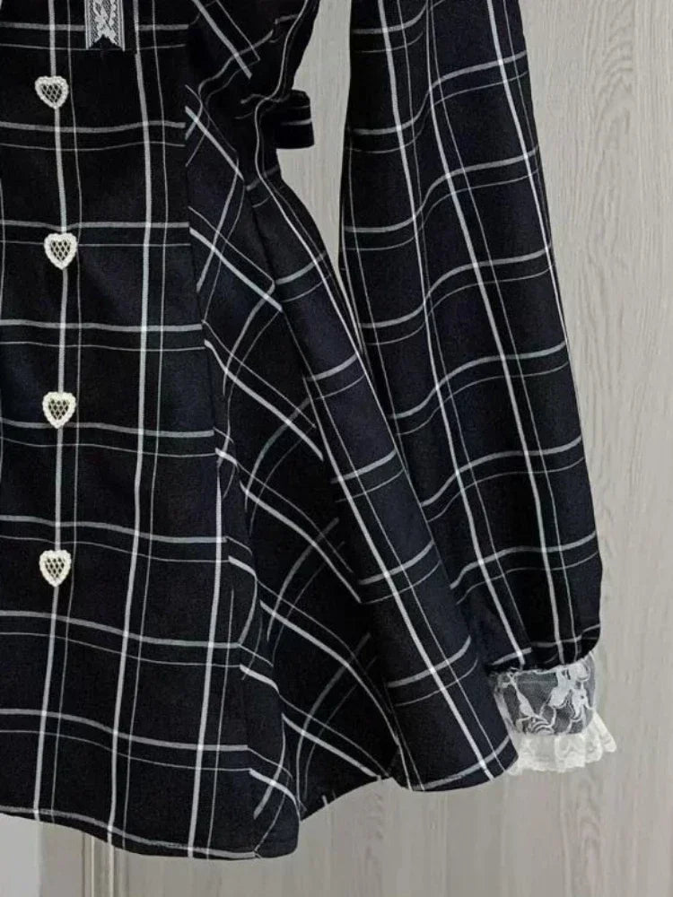 Japanese Fairy Sweet Lace Patchwork Plaid Dress Women Kawaii Grunge Ruffled Long Sleeve Dresses Y2k Aesthetic JK Lolita Vestidos - Matrix-studios.com