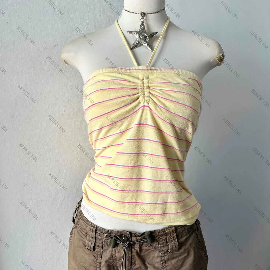 Millennial Style Y2K Skull Lace Bow Striped Halter Top Punk Goth Harajuku Style Top Summer Spice Girls Aesthetic Slim Streetwear - Matrix-studios.com