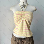 Millennial Style Y2K Skull Lace Bow Striped Halter Top Punk Goth Harajuku Style Top Summer Spice Girls Aesthetic Slim Streetwear - Matrix-studios.com