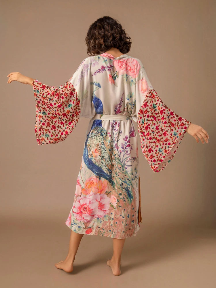 Beach Kimono for Women Peocock Printed Swimsuit Cover Up Self Belted Wrap Dresses Seaside Bathing Suits Beachwear - Matrix Studios