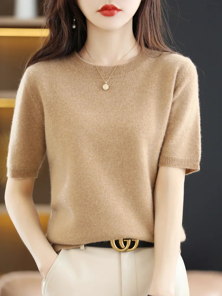 New Short-sleeved Knitwear Women O-neck T-shirt Wool Cotton Blend Pullover Vest Sprig Summer Bottoming Tops Sweater Solid Soft - Matrix Studios