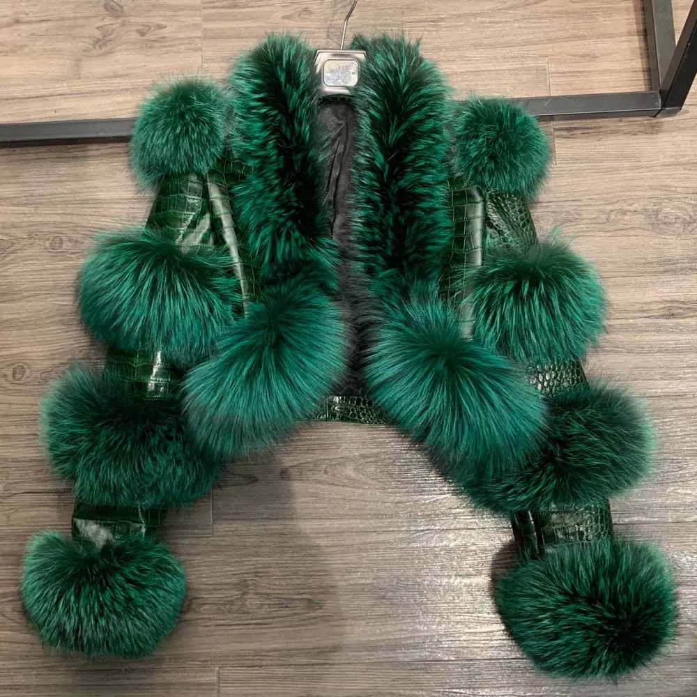 Fur Bomber Ladies New Fashion Jacket Crocdile Sheep Leather With Natural Fur 3573 - Matrix Studios