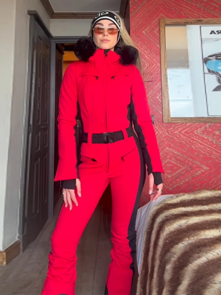 Casual Fur-Trimmed Hooded Ski Suit Women Fashion Belted Slim Full Sleeve Warm Jumpsuits Female 2026 Winter Snow Bodysuit Lady - Matrix Studios