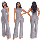 Bling Bling Sequined Club Jumpsuit Sexy Women O-neck Elegant Shiny Sliver Gold Sequins Straight Romper Overalls - Matrix Studios