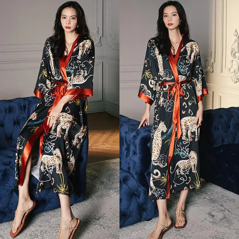 Black Print Flower Long Robe Nightgown Spring Summer Half Sleeve Kimono Bathrobe Gown Women Sexy Rayon Home Dress Loungewear - Matrix-studios.com