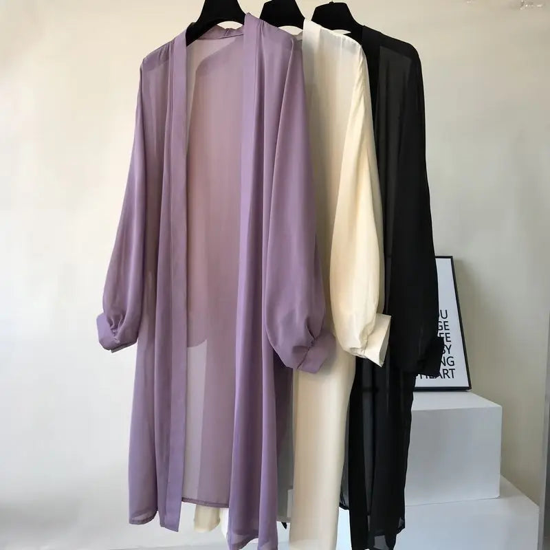 Beach Vacation Summer Women Long Cover-Ups Korean Fashion Casual New Loose Sunscreen Shawl Oversized Solid Chiffon Cardigan Tops - Matrix Studios