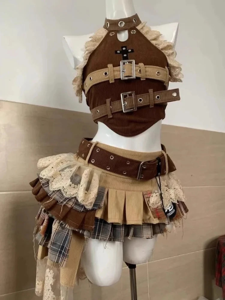 Summer Vintage Elegant Y2K Woman 2 Piece Sets Punk Gothic Strapless Crop Tops +High Waist Ruffle Skirt Female Party Outfits 2025 - Matrix-studios.com