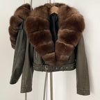 Fake Leather Coat New Natural Fox Fur Autumn Short Faux Leather Jacket Female Spring PU Women Long Sleeve Real Fur Coat Thin - Matrix Studios