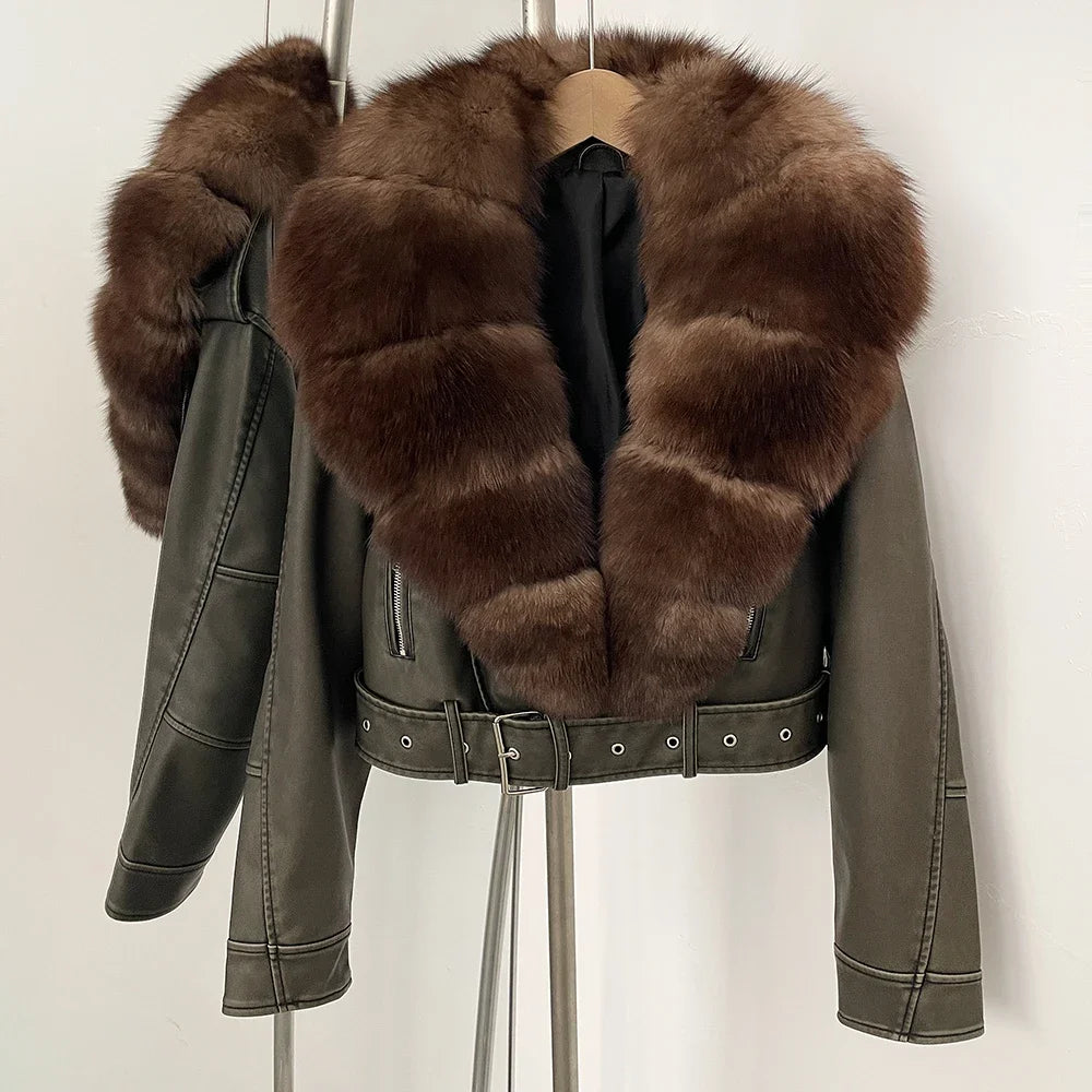 Fake Leather Coat New Natural Fox Fur Autumn Short Faux Leather Jacket Female Spring PU Women Long Sleeve Real Fur Coat Thin - Matrix Studios