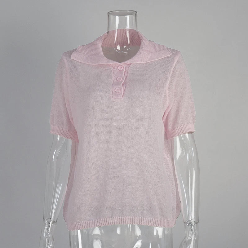Tornova Knitted Short Sleeve T shirt Women's Polo Fashion Hollow Thin Sweater Top 2025 Summer New Casual Female Solid Knitwear - Matrix-studios.com