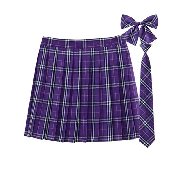 Women Summer Plaid Pleated Skirt With Necktie Bowtie Korean Jk Skirt Uniform Japanese School Preppy A Line Mini Skirts - Matrix-studios.com