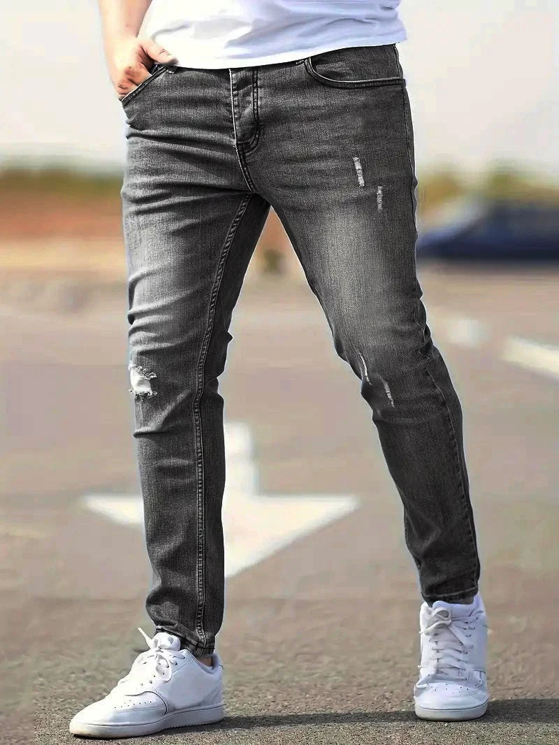 Men's American Retro Hole-Punched Stretch Slim Fit Jeans Zipper Casual Streetwear Denim Pants Classic Black Blue Skinny Trousers - Matrix Studios