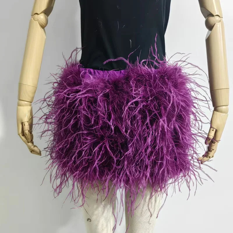 Real feather mini skirt, elastic waist sexy clothing, club, party dance party carnival short skirt can be customized in size - Matrix Studios