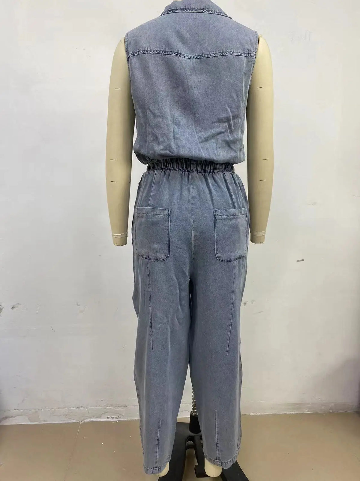 Women Jumpsuits Sleeveless Denim Pants One Piece Drawstring Pockets Rompers Solid Spliced Casual Button Jeans Overalls - Matrix Studios