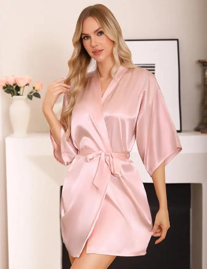 Nightgown Soft Bathrobe Short Women's Lounge Bride Bridesmaid Morning Gown Solid Color Wedding Party Silky Robes Summer - Matrix-studios.com