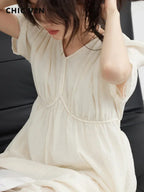 CHIC VEN Women Dresses French Style Vintage V-neck Puff Sleeve Long Dress Solid Black Loose Female Clothing Summer New 2023 - Matrix-studios.com