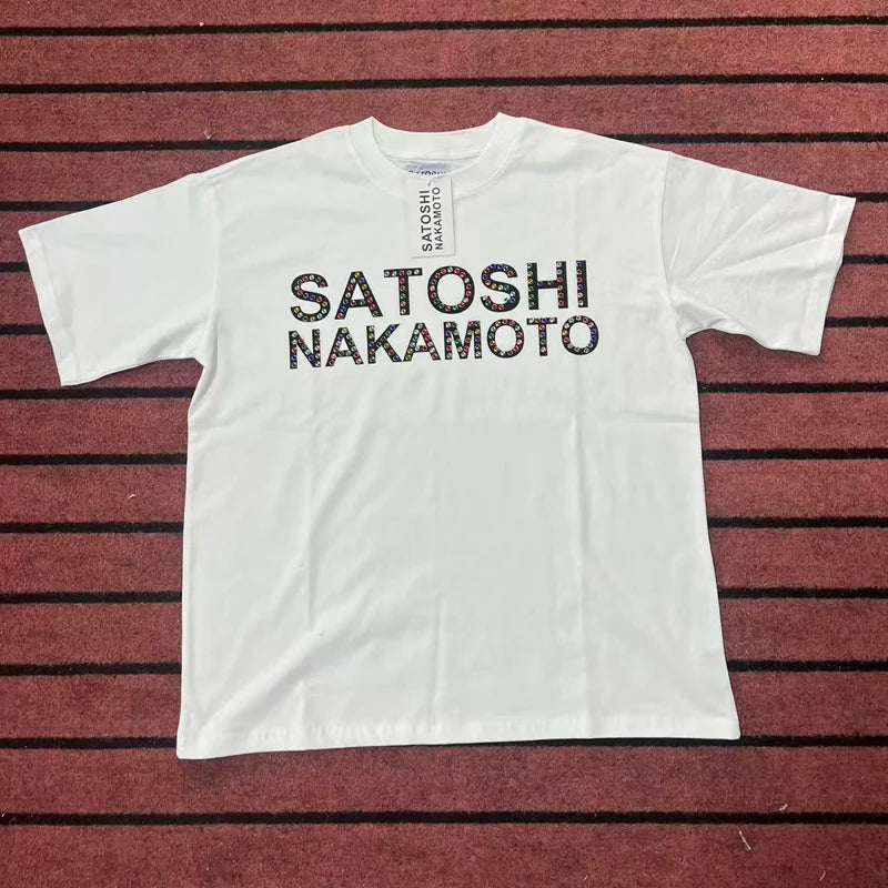Real Photo SATOSHI Tshirts Vintage Distressed Faded Letter Print Rivets Breathable Cotton Round Neck Short Sleeve Men Women Tops - Matrix-studios.com
