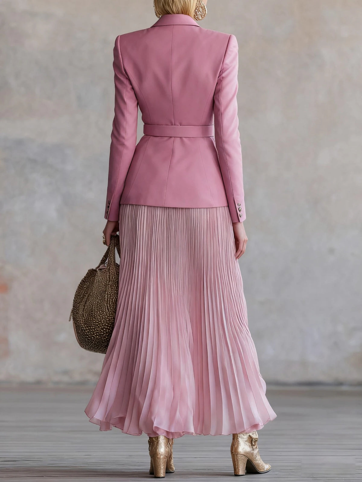Women Two Piece Outfit Notched Lapel Long Sleeve Blazer With Matching Belt High Waist Pleated Maxi Skirt Formal Elegant Business Party Daily‑Wear Suit For Ladies