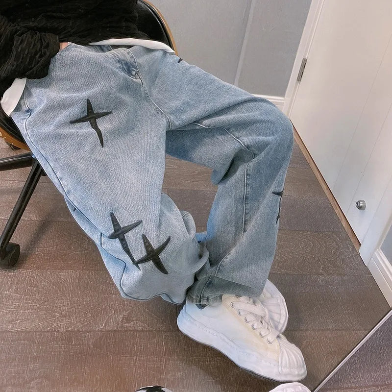 Boyfriend Vintage Fashion Straight Casual Loose Denim Cargo Pants Men Designer Prints Star Jeans Streetwear Loose Wide Leg Jeans - Matrix Studios