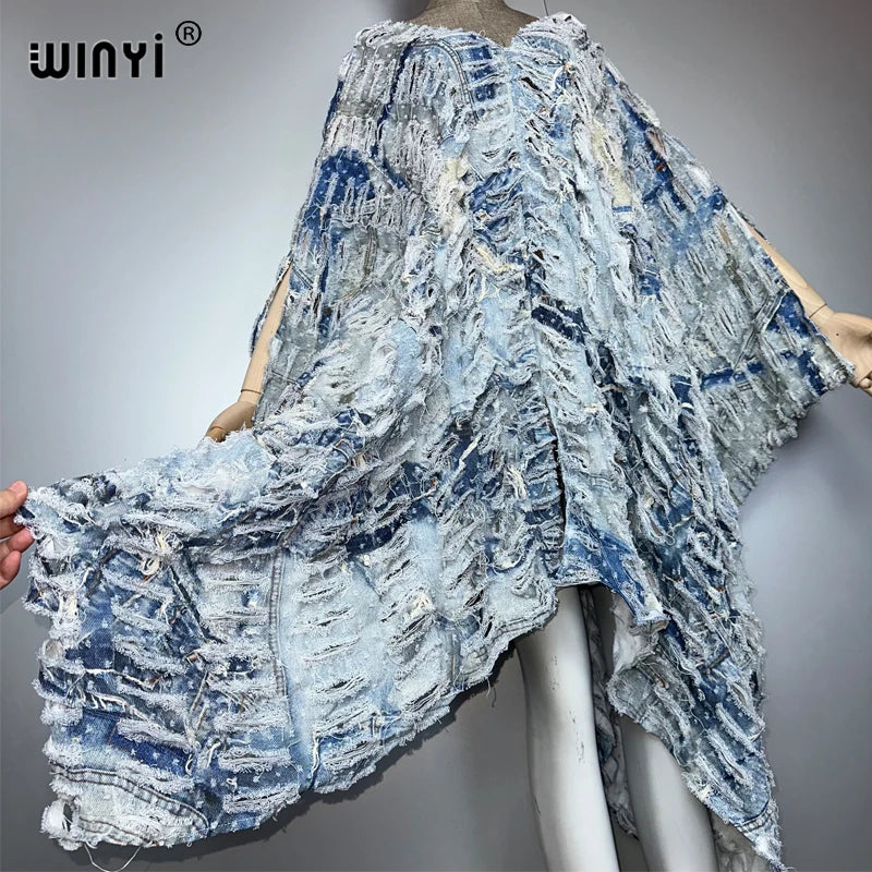 WINYI Original V Neck Print Denim Sexy Short Dress with Holes New Fashion Africa Womens Party Holiday Casual Maxi Beach Dress - Matrix Studios
