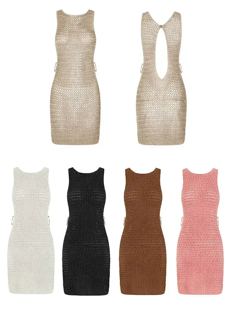 2024 Summer Sexy One Neck Cut Out Circle Decoration Corset Slim Beach Mini Dress Women Seaside Beachwear Swimwear Cover Up A2796 - Matrix Studios