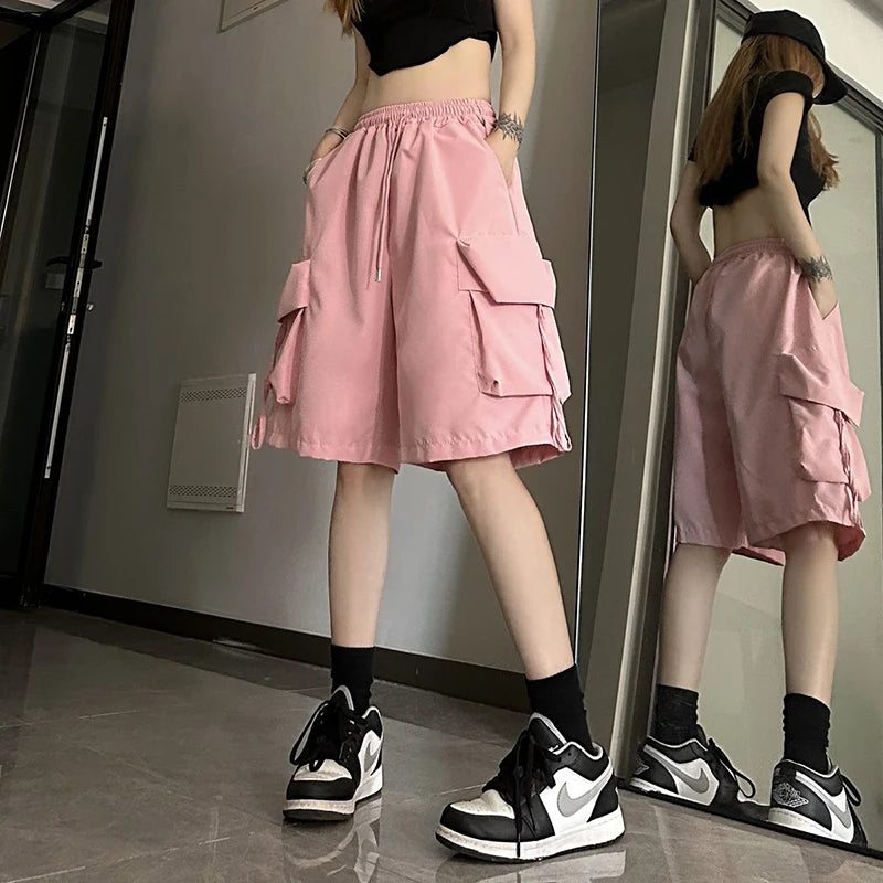 ZOKI Women High Waist Cargo Shorts American Style Streetwear Summer Wide Leg Pants Fashion Female Big Pocket Loose Shorts New - Matrix Studios