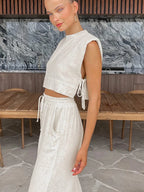 Spring Summer 2025 Women Holiday Linen Pant Set Crop Tops Solid Outfits 2 Two Piece Matching Set For Women - Matrix-studios.com