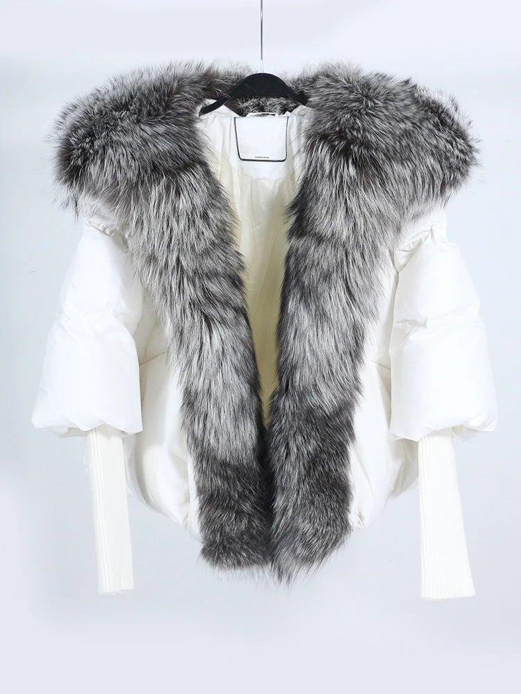 Loose Natural Real Fox Fur Collar Coat Thick New European Fashion White Duck Down Jacket Winter Women Warm Luxury Outerwear - Matrix Studios