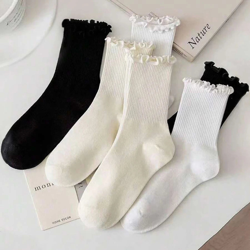 6/12 Pairs Women Solid Color Wavy Edge Mid Tube Socks Fashionable Sweet Style Breathable Comfortable Spring Summer Casual Socks - Matrix Studios