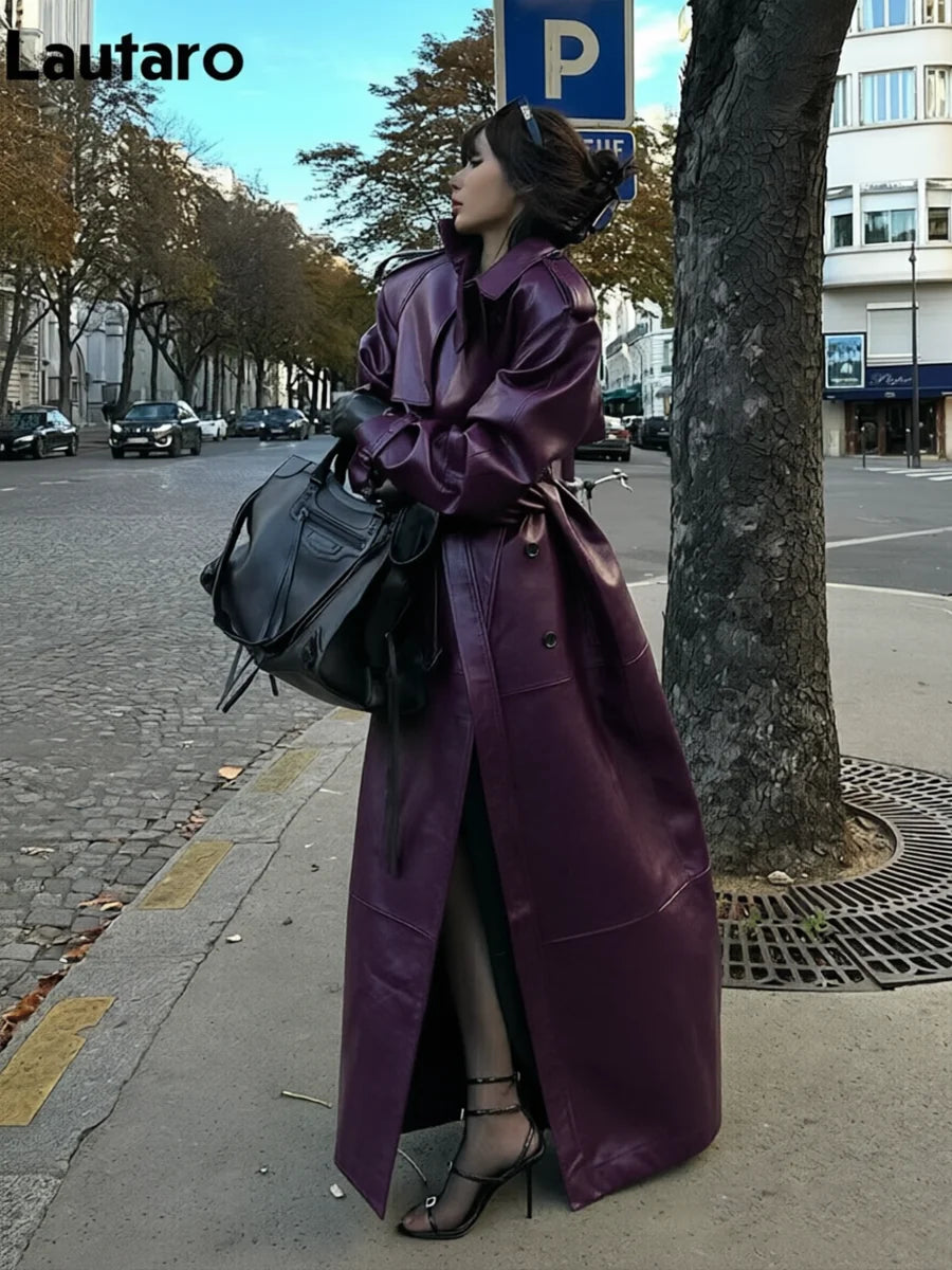 Lautaro Spring Autumn Extra Long Black Pu Leather Trench Coat for Women with Back High Slit Luxury Chic European Fashion 2024 - Matrix Studios