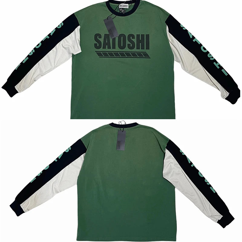 Satoshi Nakamoto Long-Sleeved T-Shirt 26FW Multi-color Patchwork Sleeve Roundneck Letter-Print Tops Loose Casual Design Tee - Matrix-studios.com
