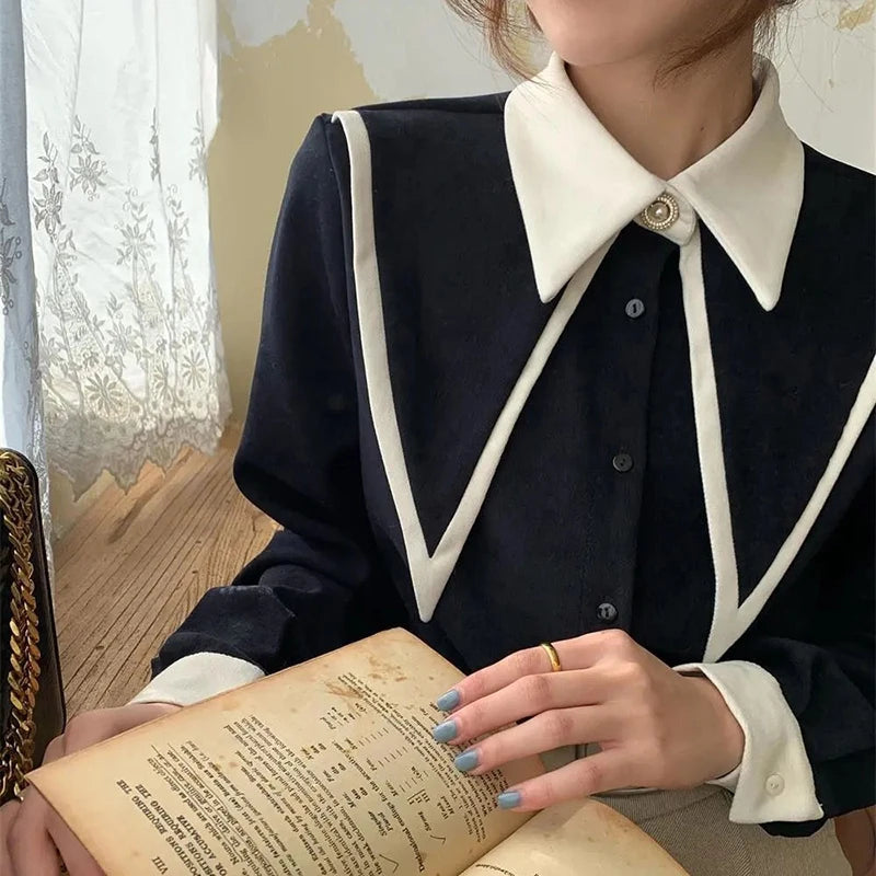 MEXZT Vintage Chiffon Shirts Women Elegant Patchwork Long Sleeve Blouses Office Lady Korean Black Turn Down Collar Casual Tops - Matrix-studios.com