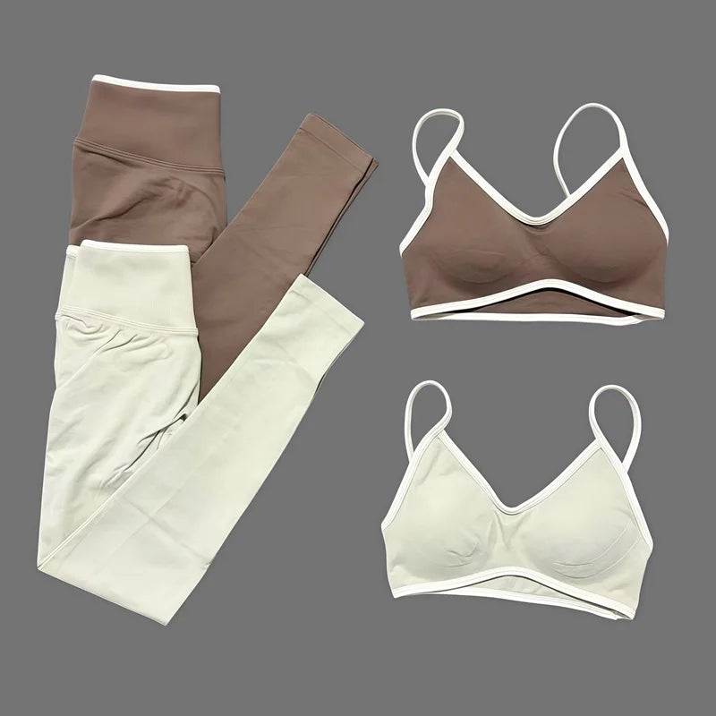 2Pcs HISTELLO Women's Seamless Yoga Fitness Set Ignite Sculpt Scrunch Leggings Strappy Halter Bra Gym Sports Fitness Outfit - Matrix-studios.com