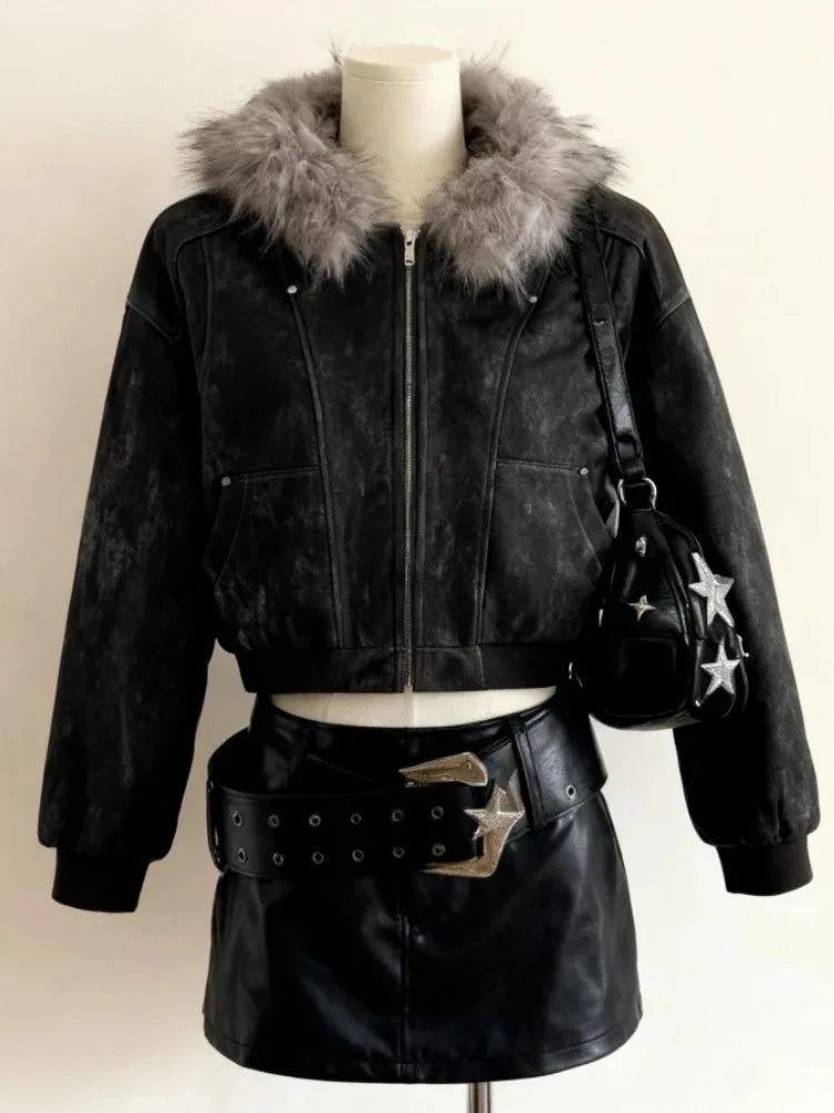 Subculture Gothic Women Coats with Hoodies Vintage Korean Harajuku Black Jackets Faux Fur Coat Female Loose Casual Sweatshirt - Matrix Studios