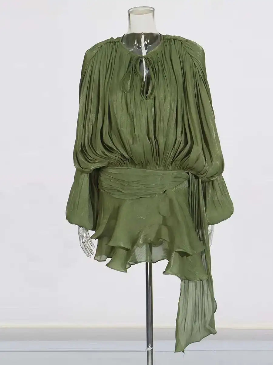 TWOTWINSTYLE Solid Blouse Mini Dresses For Women V Neck Long Sleeve Spliced Lace Up Sweet Style Dress Female Clothing Fashion - Matrix-studios.com