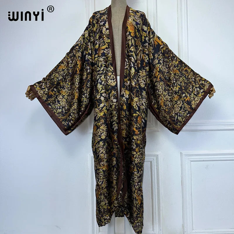 WINYI Beach Cover Up Print Kimono Maxi Dress Beach Wear Boho Cardigan Abaya Dubai Luxury Women Muslim Dress Africa Long Coat - Matrix Studios