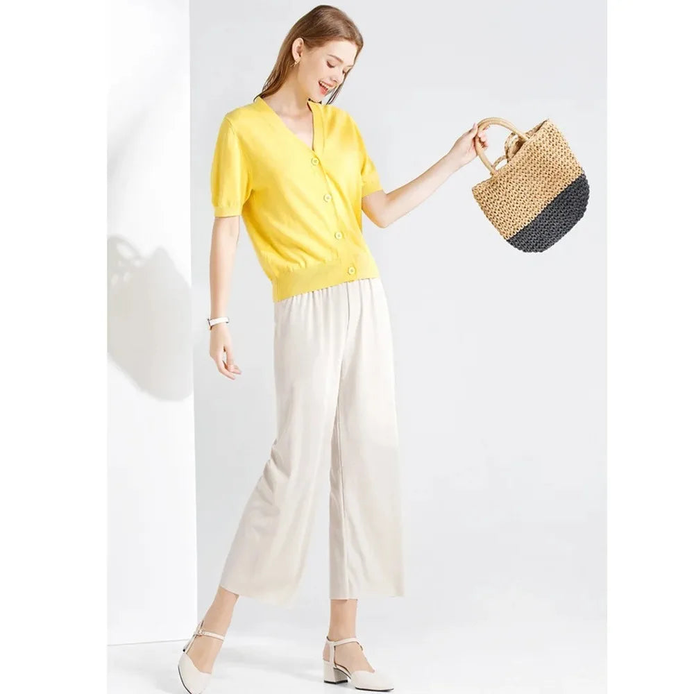 2026 Women Ankle-Length Wide Leg Pants Casual Summer Solid Elastic Waist Loose Ice Silk Pants Spring Summer Female Trousers - Matrix-studios.com