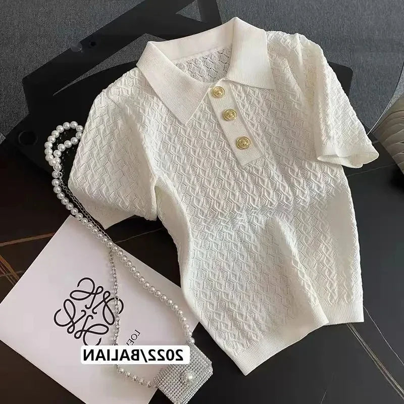 Smvp Ice Silk Polo Shirt 2026 Knitted Short Sleeve T-Shirts Lady New Chic Thin Unique Jacquard Women Tops Korean Style Clothing - Matrix-studios.com